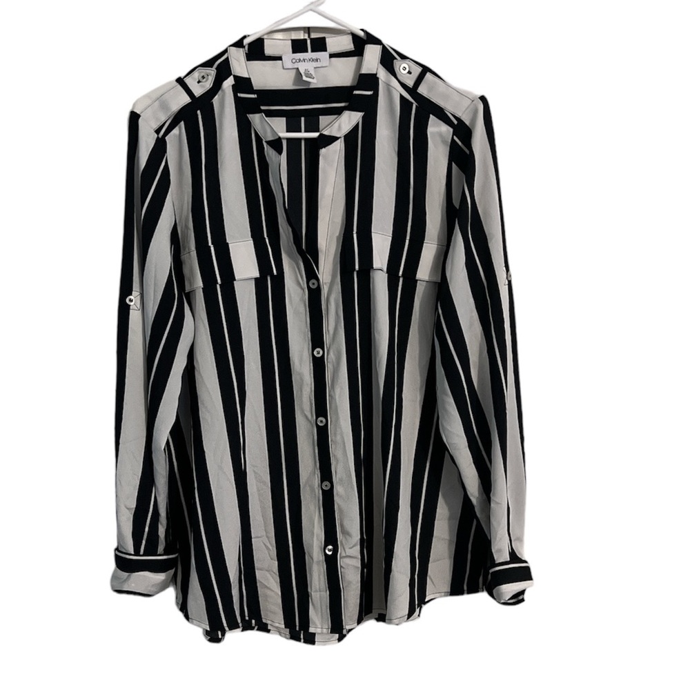 Calvin Klein black & white striped button down L